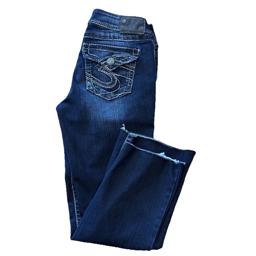 Womens 29x26 Silver Jeans Suki Surplus Stretch Blue Frayed Hem Stitched Pockets